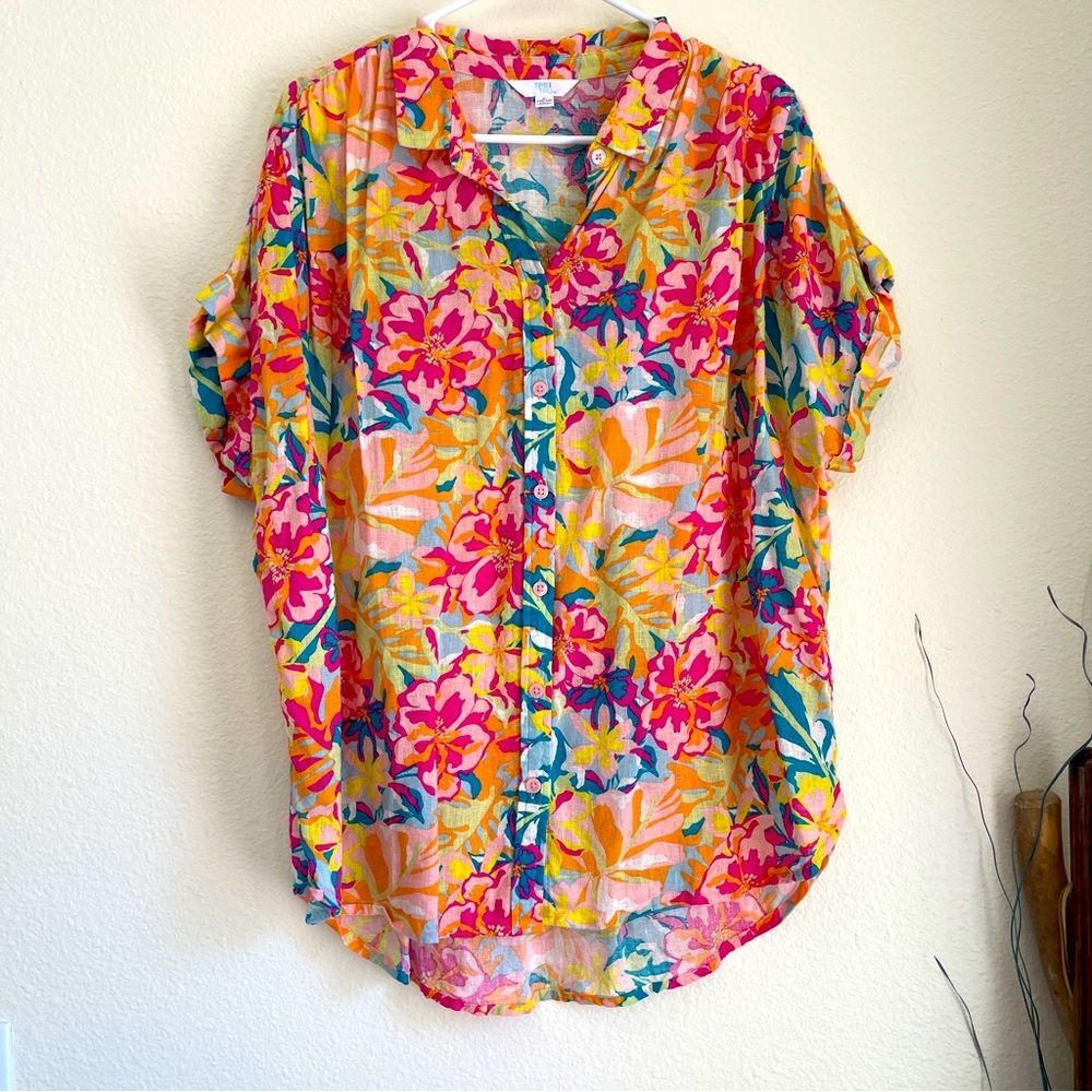 Time and Tru Tropical Floral Button-Up Blouse Linen Lyocell Blend